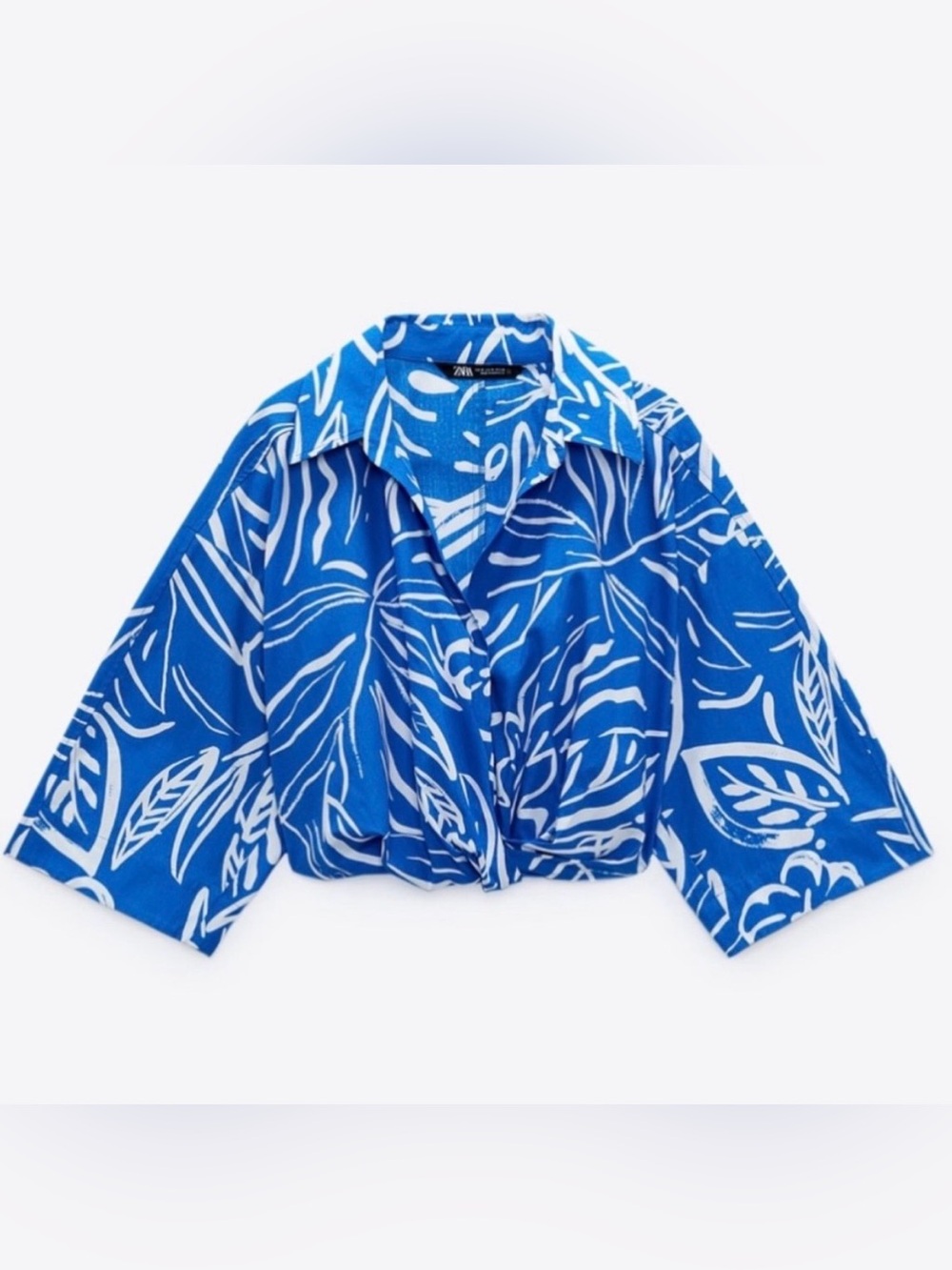 Zara Blue & White Tropical Crop Blouse Size Small